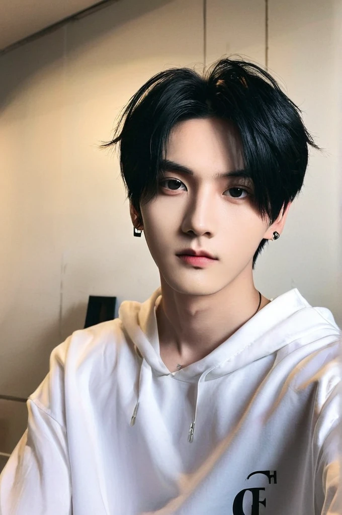 One boy, Young man with black hair  (Mash Straight Hair),Male K-Pop Idols, Levi Ackerman, Medium portrait,chop, Beautiful Model, Oval Face, Vivid,Selfie,(In a dark room),The whole body is shown