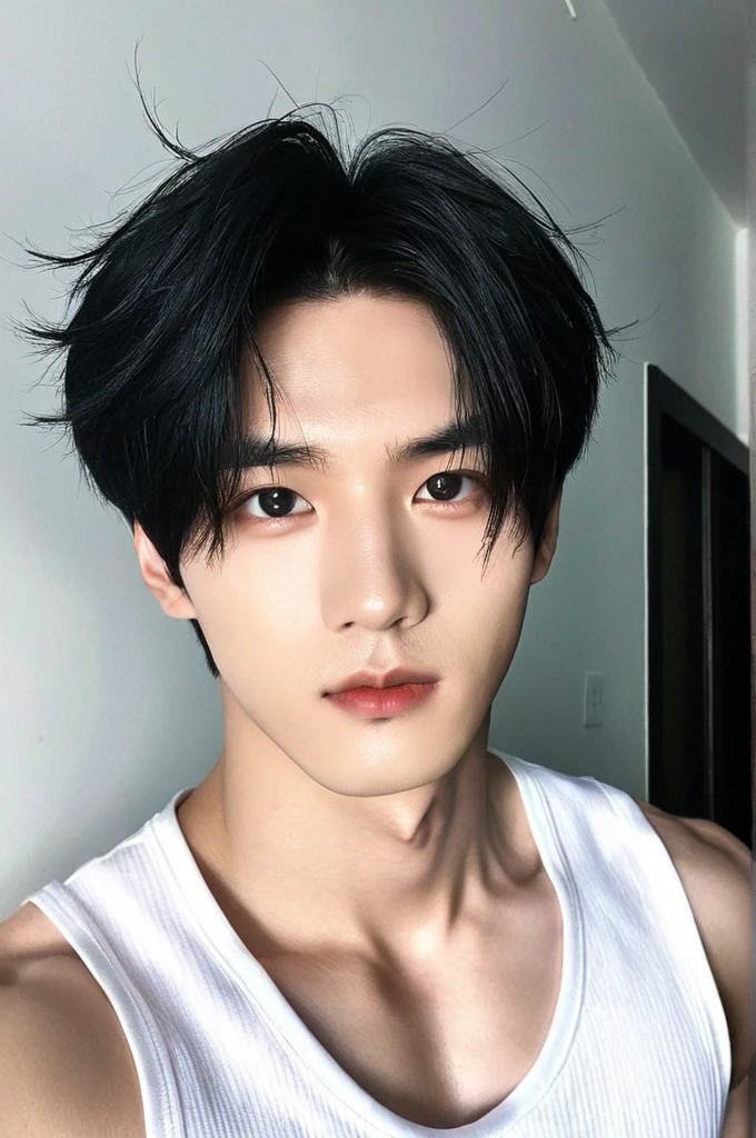 One boy, Young man with black hair  (Mash Straight Hair),Male K-Pop Idols, Levi Ackerman, Medium portrait,chop, Beautiful Model, Oval Face, Vivid,Selfie,(In a dark room),The whole body is shown