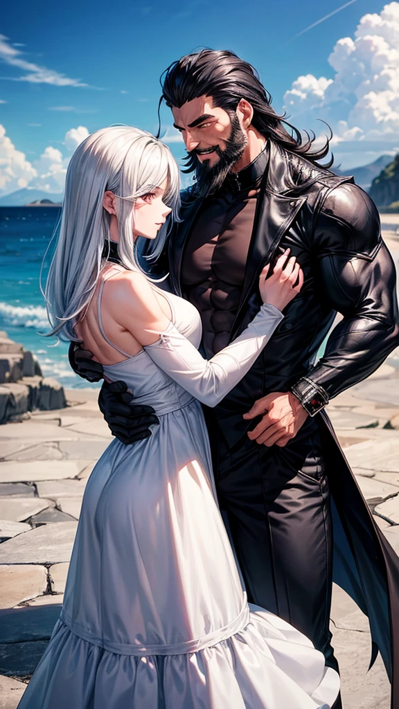 anime mature muscular man,he had a very short hairstyle with black colour,he had black wings behind him and beard,scenery is beauty,beside him there was a woman with long silver hair and red eyes,she wearing a white dress,they hugged each other and smiling,scenery is aesthetic behind them