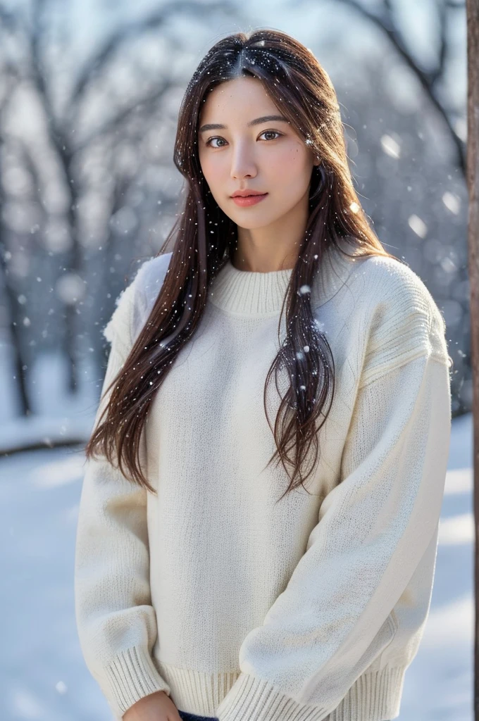 (masterpiece:1.35),(best-quality:1.4),8k,ultra-detailed,photography,(ultra-realistic:1.4), adult girl, long hair, sweater, snowing background,