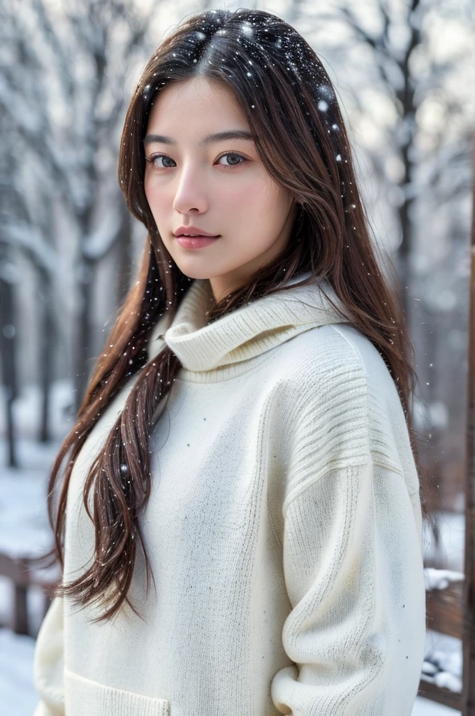 (masterpiece:1.35),(best-quality:1.4),8k,ultra-detailed,photography,(ultra-realistic:1.4), adult girl, long hair, sweater, snowing background,