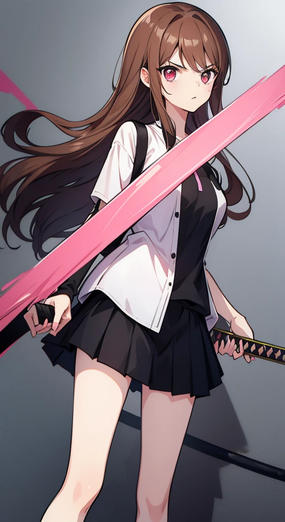 Girl with long brown hair, pink eyes, completely black short skirt, black button shirt, black converse sneakers and a pink katana.