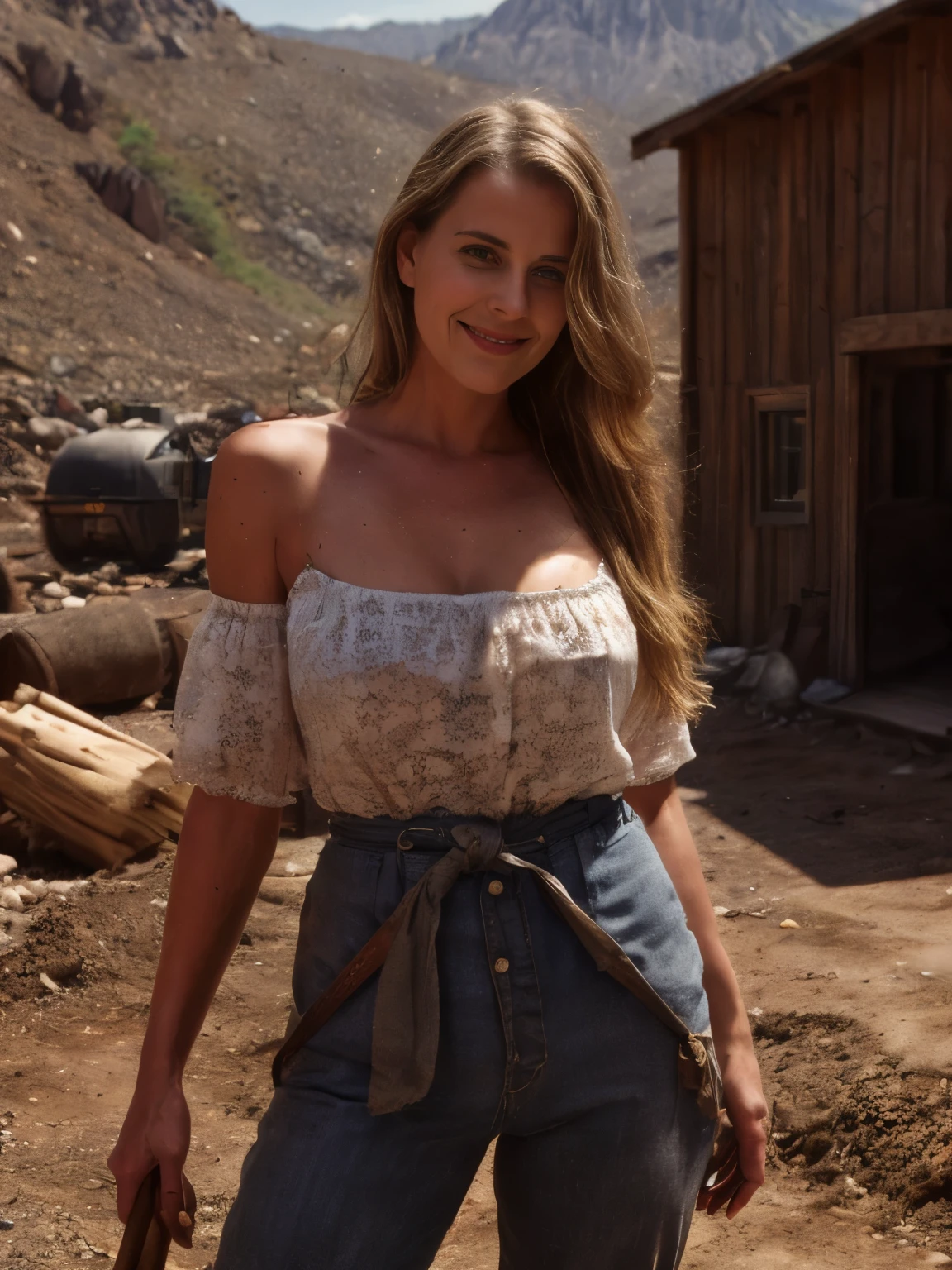Mountain Miner (Year 1860)
In a rugged 1860 mountain mining camp, the air is heavy with the scent of earth and minerals. The camp is nestled among rocky peaks, with crude wooden shacks and makeshift tents scattered around. Mining tools like picks, shovels, and dynamite crates are strewn about, alongside piles of ore and mining carts on wooden rails. Seductive provocant lascivious blonde woman, slightly smiling, having fun with a mining pick, dressed in a practical yet rugged cotton blouse and trousers, with sturdy leather boots. She stands beside a rocky outcrop, playfully pretending to chip away at it with exaggerated motions, her eyes gleaming with mischief. Her golden hair is tied back in a loose bun, and her clothes are dusty and worn from the rugged terrain. The sunlight filters through the mountain peaks, casting dramatic shadows over the scene. The harsh mining camp setting and her flirtatious antics create an intense and gritty atmosphere, capturing the toughness of 19th-century mountain mining.