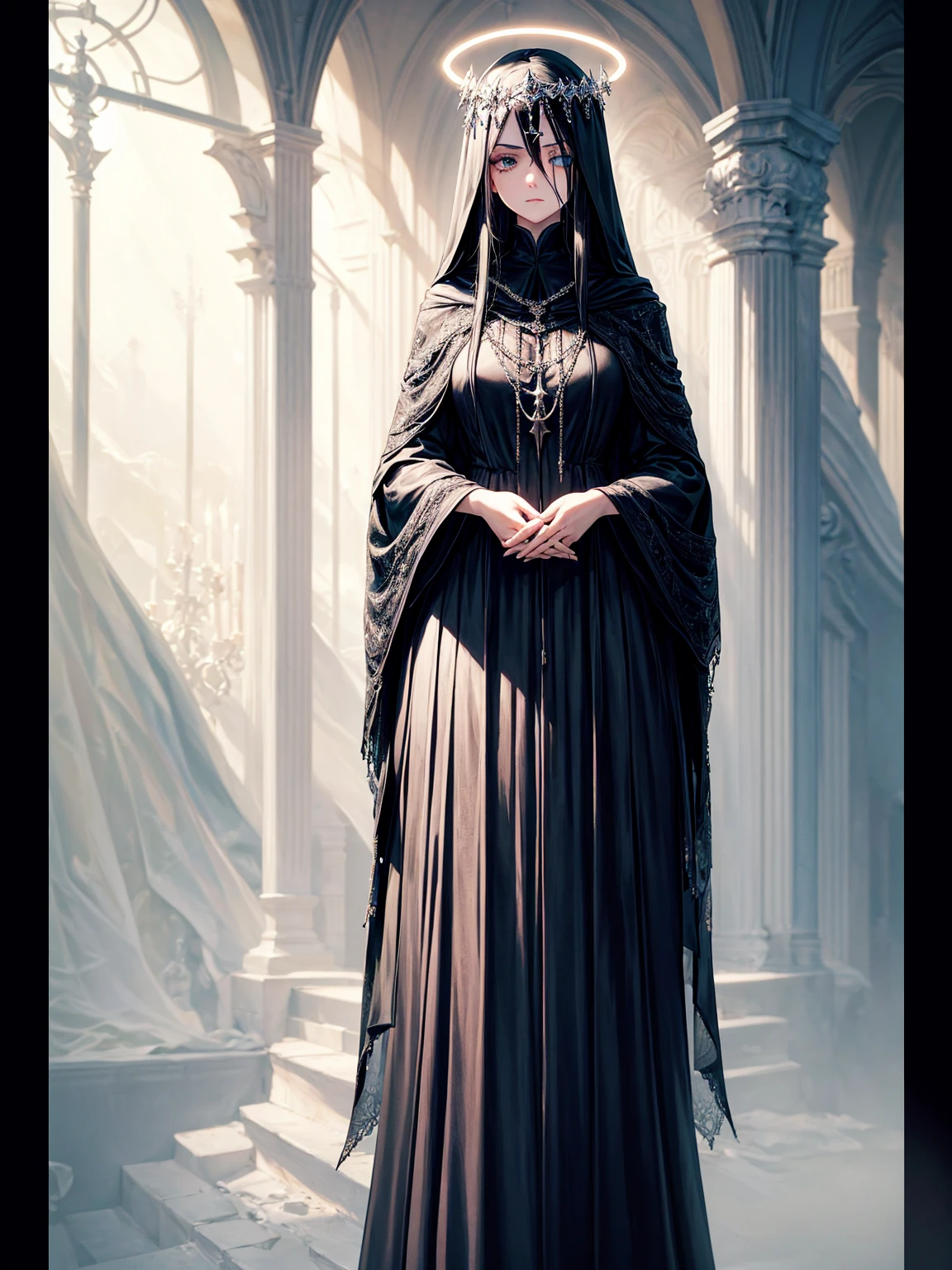 a young dark fantasy church priestess, with long black hair and white streaks, wearing an eyepatch on one eye, and her blueish green eyes, she cares a serious expression on her face and an angel like appearance, she wears elegant yet simple and modest black outfit, with some silver jewelry, she also wears a long see through veil on her head, with a faded sliver star shaped halo at the behind her head, she is holding her hands together symbolizing a prayer gesture.Long Hair, Black Hair, Blue eyes, mysterious, Hood, Halo, Anatomically Correct, Best Quality, Accurate, High Resolution, Looking at viewer, back view