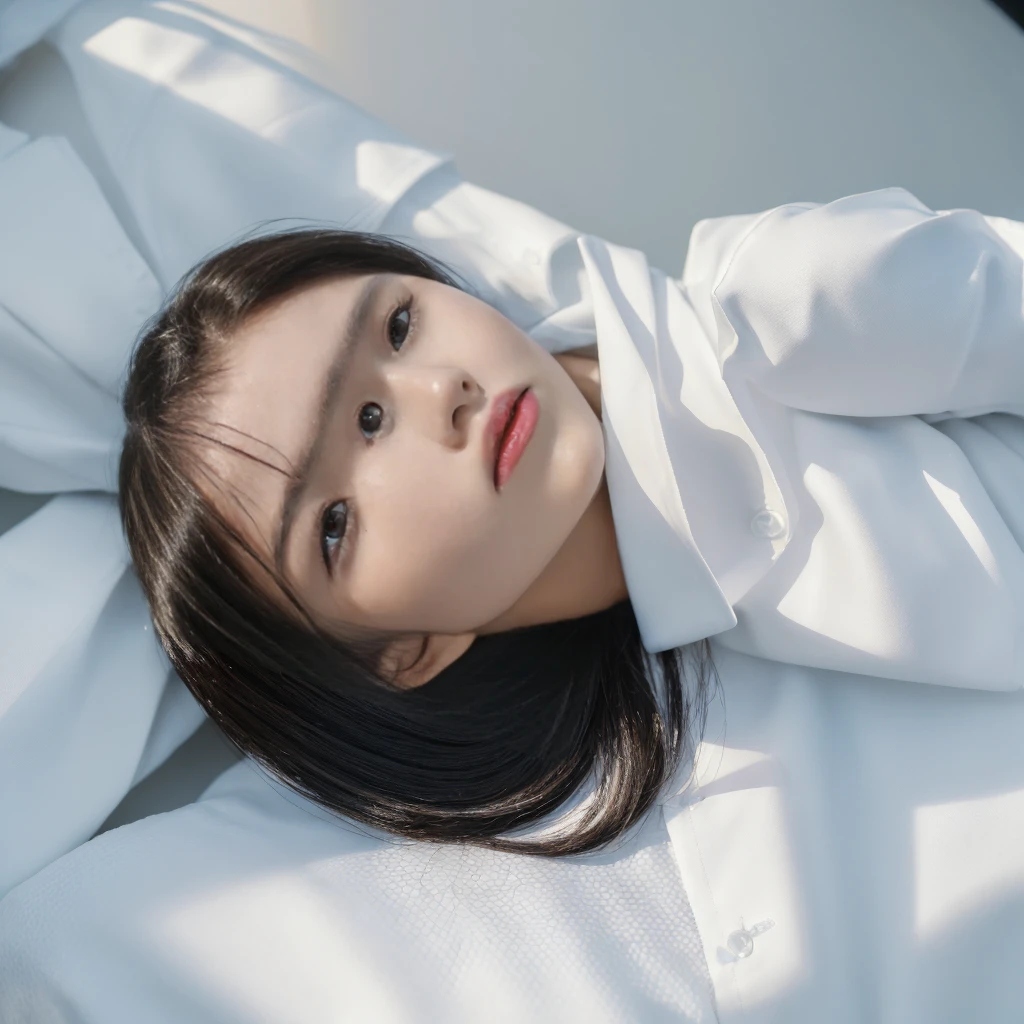 Best Quality, 8k, Masterpiece, (Portrait: 1.3), (photo realistic:1.4), (hyper realistic:1.4), Sharp Focus, looking at viewer, (smoother lighting:1.1), (increase cinematic lighting quality:0.9), realistic lighting, backlighting, light on face, ray trace, (brightening light:1.2), (Increase quality:1.4), sharp detail, (best quality real texture skin:1.4), finely detailed eyes, black_eyes, finely detailed face, 25 year old Korean woman, (white formal_shirt:1.4), (Create an image maintaining the original base model hairstyle:1.5)