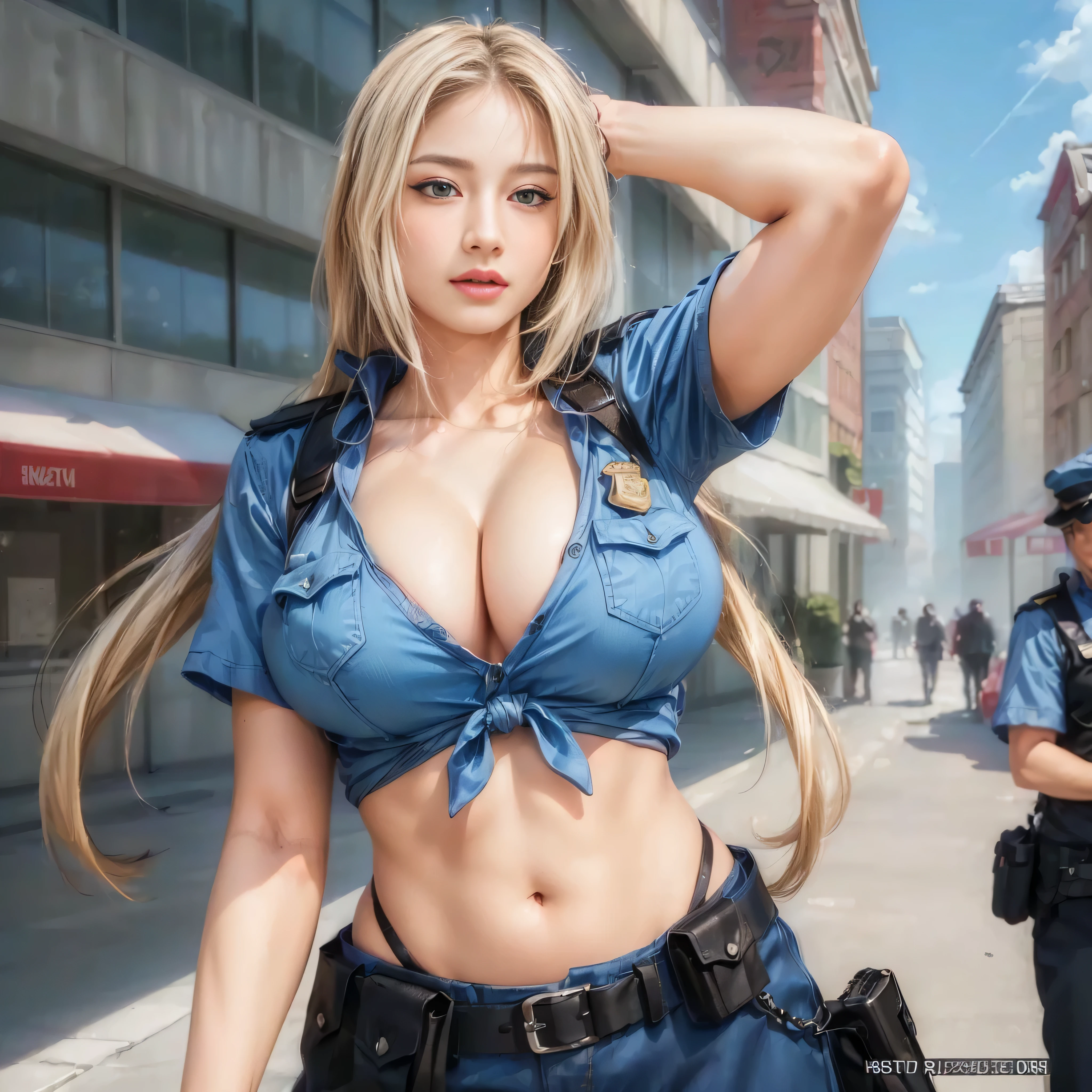 (RAW photo:1.2), ((photorealistic:1.4),(masterpiece:1.3),(best quality:1.4),ultra high res,(detailed facial features),(detailed body features),HDR,8k resolution, 1 girl, blush, blonde hair, 8k, ultra high details, perfect nose, cinematic lighting, perfect body, sexy police uniform
