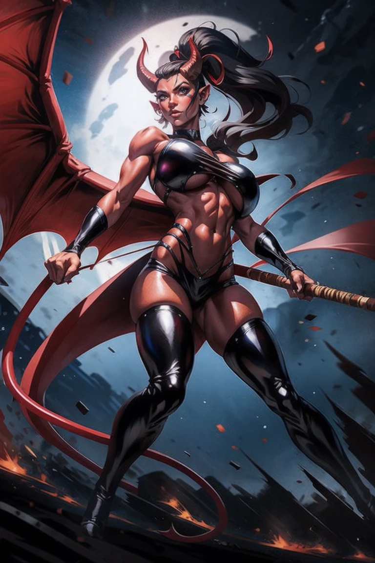Red skin succubus tiefling, medium breasts, black horns, wings, huge tail, black leather, crop top, long flowing pelvic curtain, tall, toned, graceful, thin, long black ponytail. Action scene, whip. Dark scene, explosions, night sky.