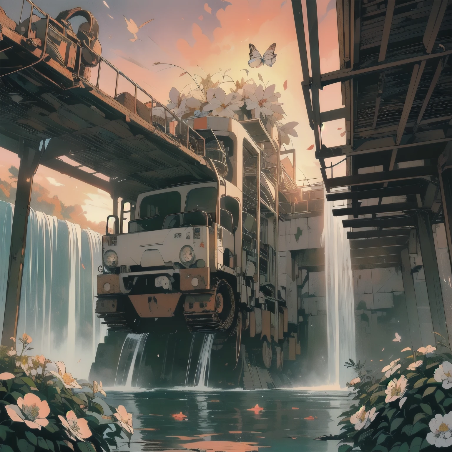 Detailed Machinery、Abandoned Factory、Atrium、(((White Flower Field)))、(((Rusty heavy equipment)))、Gorgeous light leaks、(((Sunset)))、fog、Detailed Background、Highest quality、(((No humans)))、Broken heavy machinery、Complex heavy machinery、Faint lighting、(((Fluttering white petals)))、sunset、(((Dull colors)))、(((Rusty detailed heavy machinery)))、(((Many white flowers fly)))、(((Heavy machinery covered in flowers)))、(((Lots of butterflies)))、(((Abandoned Garage)))、(((Submersion)))、(((waterfall from the ceiling)))、(((Heavy machinery falls over a waterfall))))、(((Red sunset)))