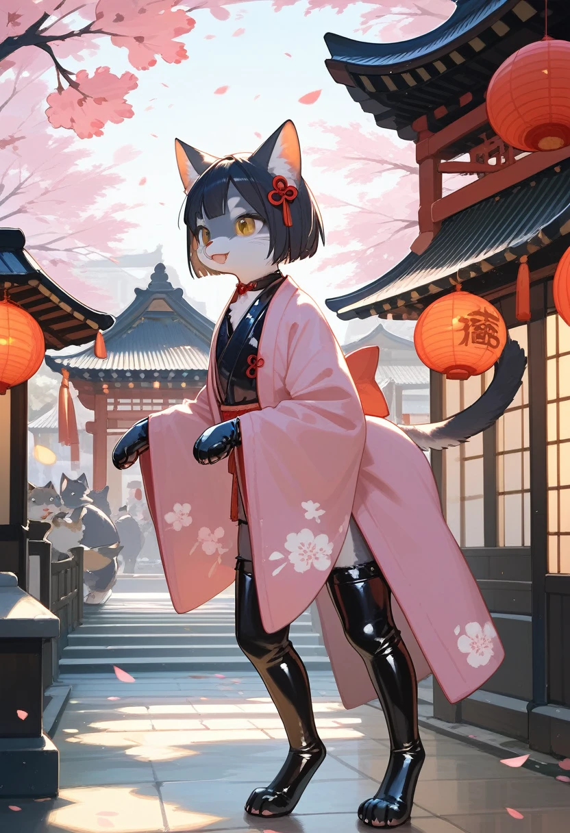 Highest quality, Highest quality, High quality illustrations, masterpiece, Ultra-high resolution, Detailed Background, Kyoto, Festivals, Absurd, Perfect Anatomy, performance, Good lighting, Shadows in the movies(kemono, Furry PersonifiCation), Cat, Pink Kimono, latex, rubber, From the side