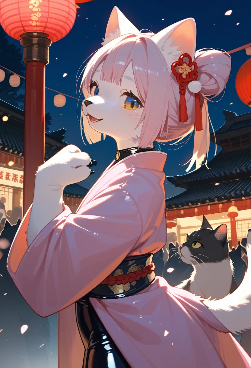 Highest quality, Highest quality, High quality illustrations, masterpiece, Ultra-high resolution, Detailed Background, Kyoto, Festivals, Absurd, Perfect Anatomy, performance, Good lighting, Shadows in the movies(kemono, Furry PersonifiCation), Cat, Pink Kimono, latex, rubber, From the side