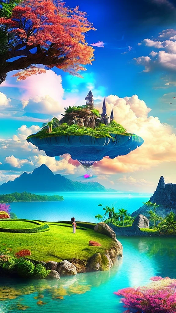 A mysterious island floating in the sky, people soaring around it, ultra-detailed, (best quality,4k,8k,highres,masterpiece:1.2),ultra-detailed,(realistic,photorealistic,photo-realistic:1.37),fantasy landscape,surreal,glowing island,floating islands,beautiful clouds,magical atmosphere,vibrant colors,dramatic lighting,dynamic poses,expressive characters,intricate details