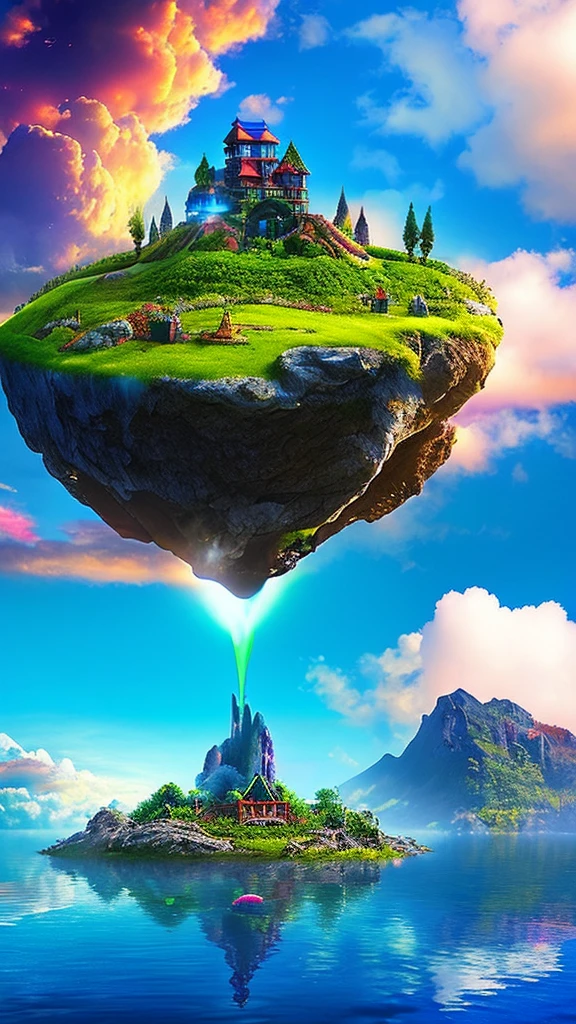 A mysterious island floating in the sky, people soaring around it, ultra-detailed, (best quality,4k,8k,highres,masterpiece:1.2),ultra-detailed,(realistic,photorealistic,photo-realistic:1.37),fantasy landscape,surreal,glowing island,floating islands,beautiful clouds,magical atmosphere,vibrant colors,dramatic lighting,dynamic poses,expressive characters,intricate details