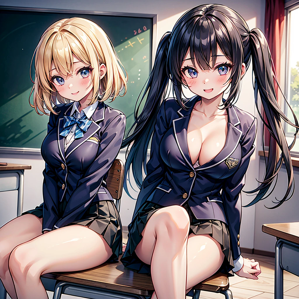 Anime Moe Art Style,Highest quality,High resolution,Anatomically correct,Multiple Girls,Mid-teens,color々Girl with a hairstyle,A wide variety of girls,Super detailed,Big Breasts,Shiny skin,Beautiful Skin,A rich expression,A big smile,high school girl,Undressing,Nipples are visible,classroom,Sit at a desk,blazer,mini skirt,sexy,Eyes drawn in detail,8k