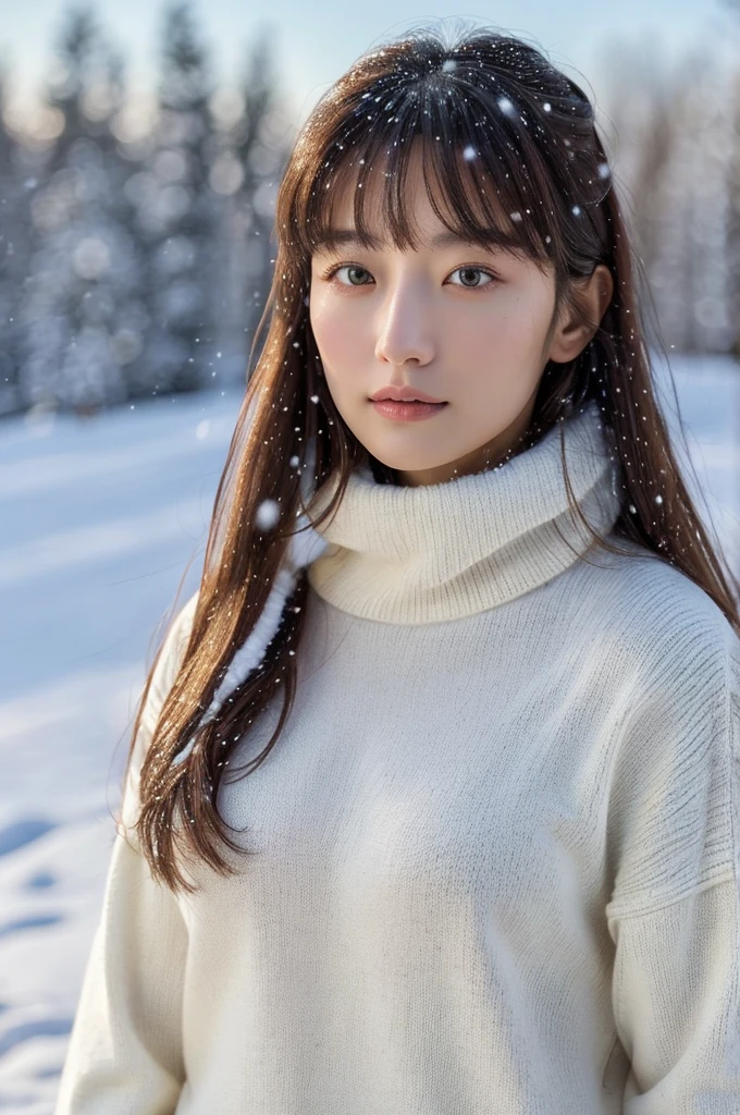 (masterpiece:1.35),(best-quality:1.4),8k,ultra-detailed,photography,(ultra-realistic:1.4), adult girl, long hair, sweater, snowing background,