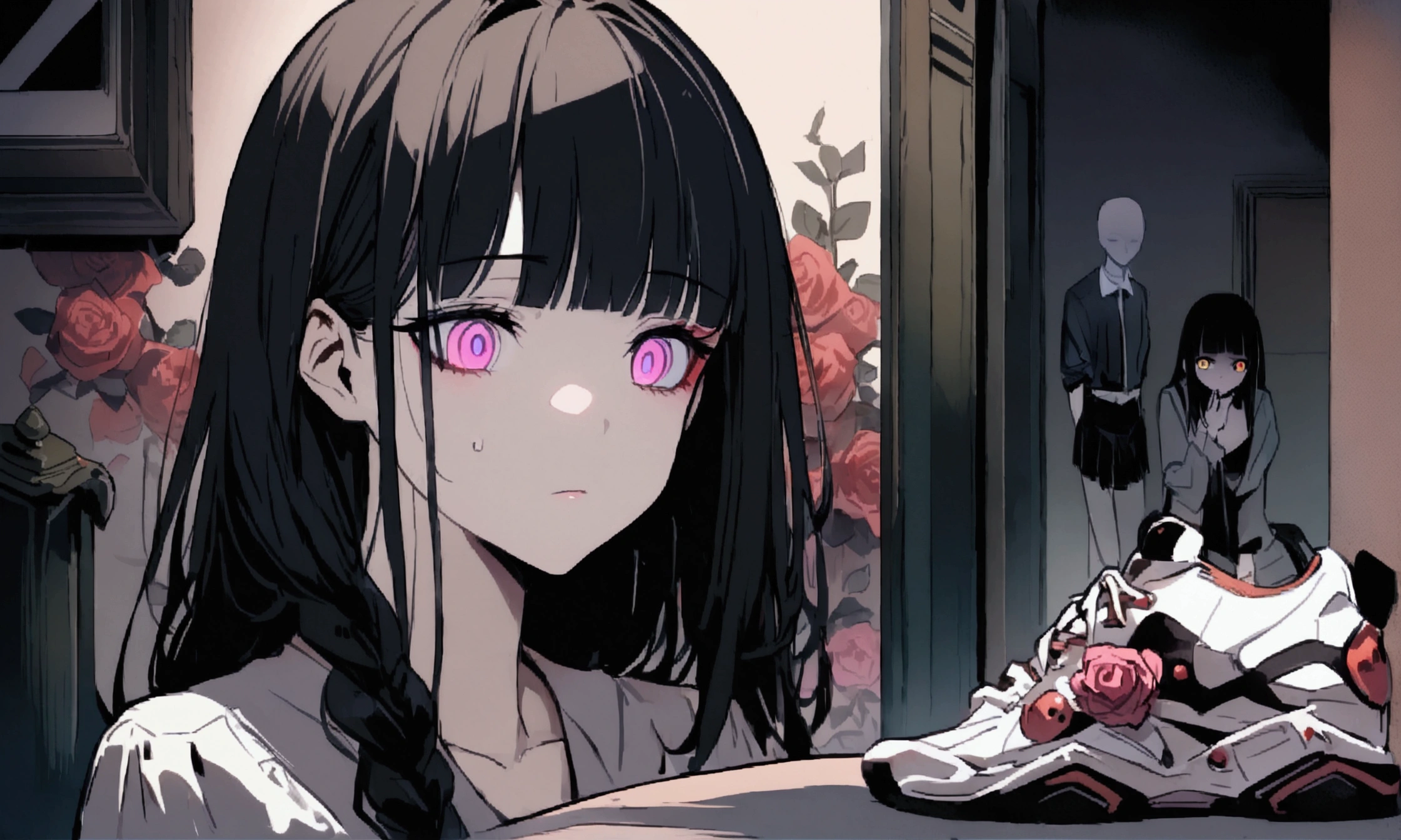 face down、Lewd Eyes、Scornful Eyes、front、super fine illustration,(((beautiful fine hair))),(((beautiful fine face))),(((beautiful fine background))),2人のgirl、Bobcut、Black Hair、Blunt Bangs、PC in the room、Horizontal composition、Step Piece、Highest quality、Best illustration、Super detailed、girl、Pink Rose Long Hair、Black Shirt、Pleated skirt、Side braided hair、crazy、standing with an eerie feeling、Ruined Background、Unusual sneakers、Eyeshadow on eyes、Unusual eye color、Eyes of Terror、Bright eyes、Cool Shot