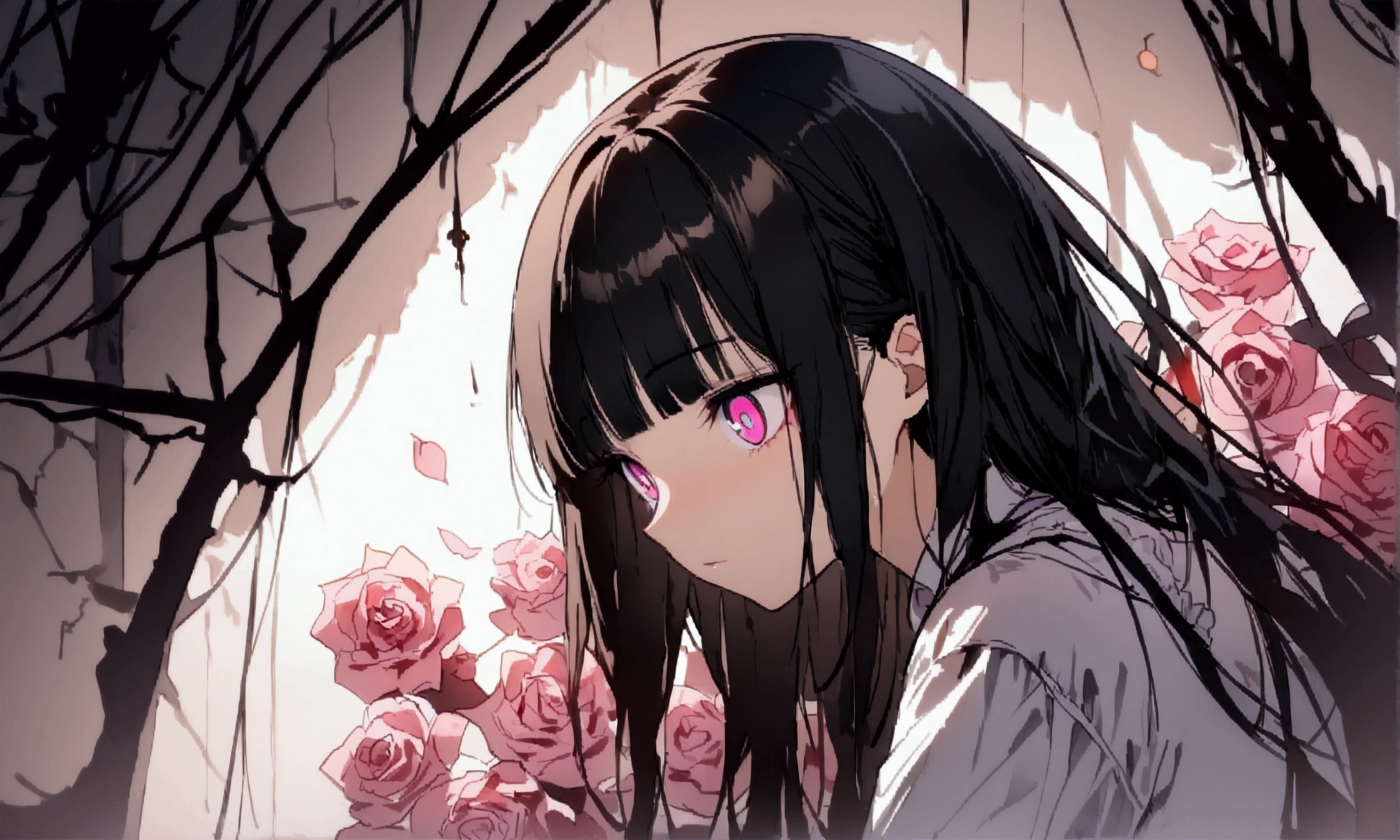 face down、Lewd Eyes、Scornful Eyes、front、super fine illustration,(((beautiful fine hair))),(((beautiful fine face))),(((beautiful fine background))),2人のgirl、Bobcut、Black Hair、Blunt Bangs、PC in the room、Horizontal composition、Step Piece、Highest quality、Best illustration、Super detailed、girl、Pink Rose Long Hair、Black Shirt、Pleated skirt、Side braided hair、crazy、standing with an eerie feeling、Ruined Background、Unusual sneakers、Eyeshadow on eyes、Unusual eye color、Eyes of Terror、Bright eyes、Cool Shot