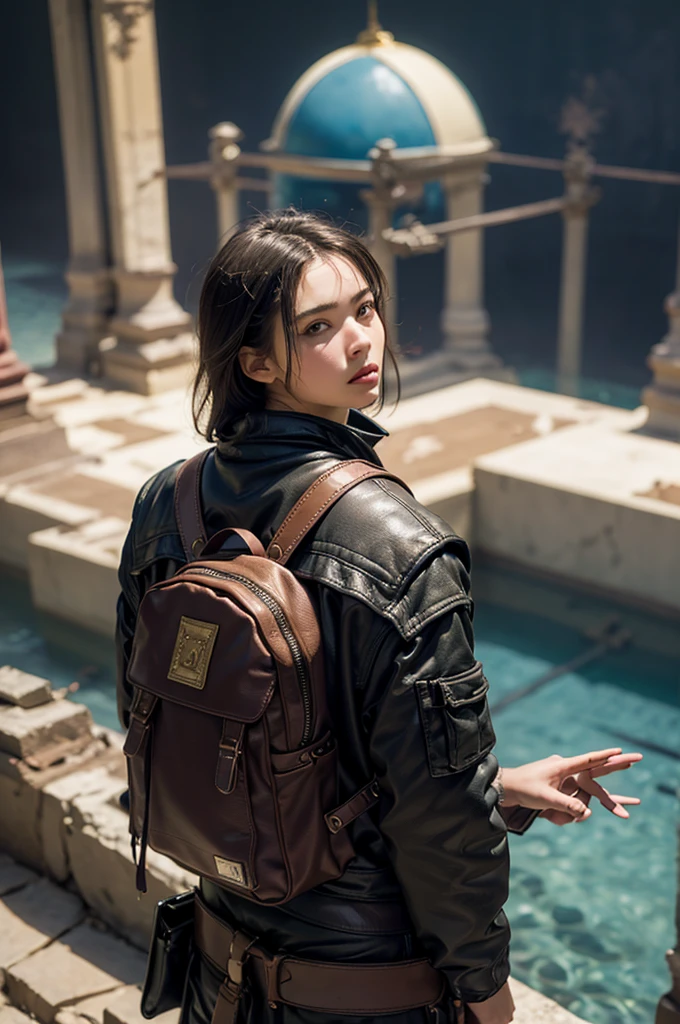 a young man with a backpack standing on the edge of a cliff, looking out at a vast unknown landscape, surrounded by a golden aura, optimistic, adventurous, cinematic lighting, dramatic skies, detailed facial features, detailed clothing, depth of field, photorealistic, highly detailed, 8k, masterpiece
