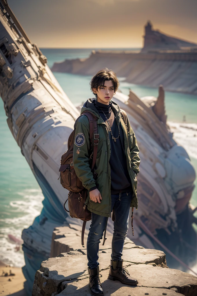 a young man with a backpack standing on the edge of a cliff, looking out at a vast unknown landscape, surrounded by a golden aura, optimistic, adventurous, cinematic lighting, dramatic skies, detailed facial features, detailed clothing, depth of field, photorealistic, highly detailed, 8k, masterpiece