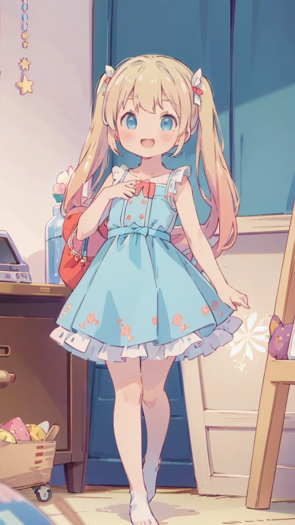 ((masterpiece))((Highest quality))girl、smile、blush、Flat Chest、Are thin、Blonde Hair、blush、Are standing、Whole body image、Eye level to the feet、front、No background、真frontのアングル、Blue clothes、Two-tone red and blue hair、Twin tails、Red Alice outfit