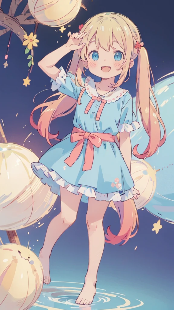 ((masterpiece))((Highest quality))girl、smile、blush、Flat Chest、Are thin、Blonde Hair、blush、Are standing、Whole body image、Eye level to the feet、front、No background、真frontのアングル、Blue clothes、Two-tone red and blue hair、Twin tails、Red Alice outfit