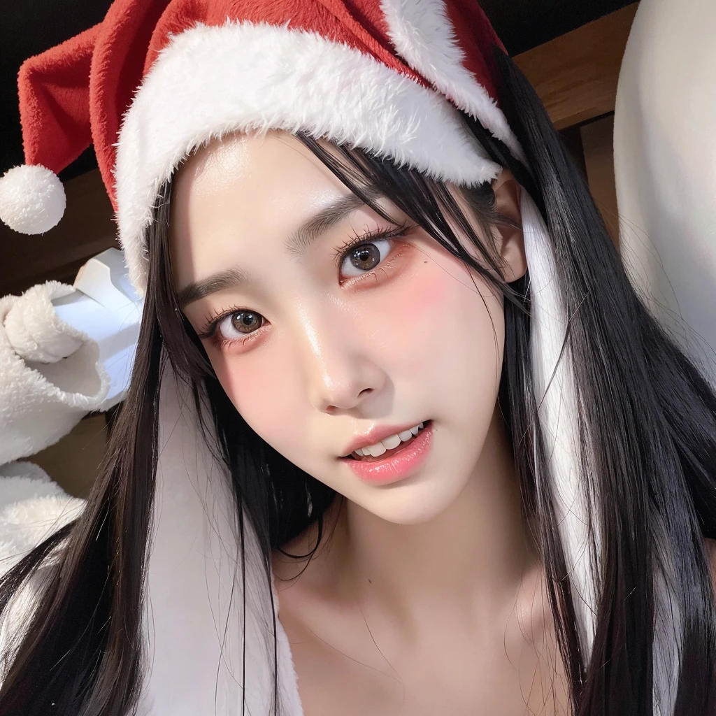 Highest quality、Laugh a little、Three white eyes、alone、(Santa Cosplay:1.4)、Japan One Girl、(Focus on the upper body 1.1)、beauty、23 years old、(White long hair:1.4)、Elaborate depiction、Detailed facial depiction、Symmetrical body、Symmetrical face、Pointy Nose、Shut your mouth.、Big Breasts、There is a shadow、Cool eyes、(Cool look:1.2)、Long eyelashes、Thick eyelashes、Double teeth、Correct teeth alignment、Sharp contours、Distinctive facial features、Shooting with a single-lens reflex camera、Abdominal muscles、Korean Idol