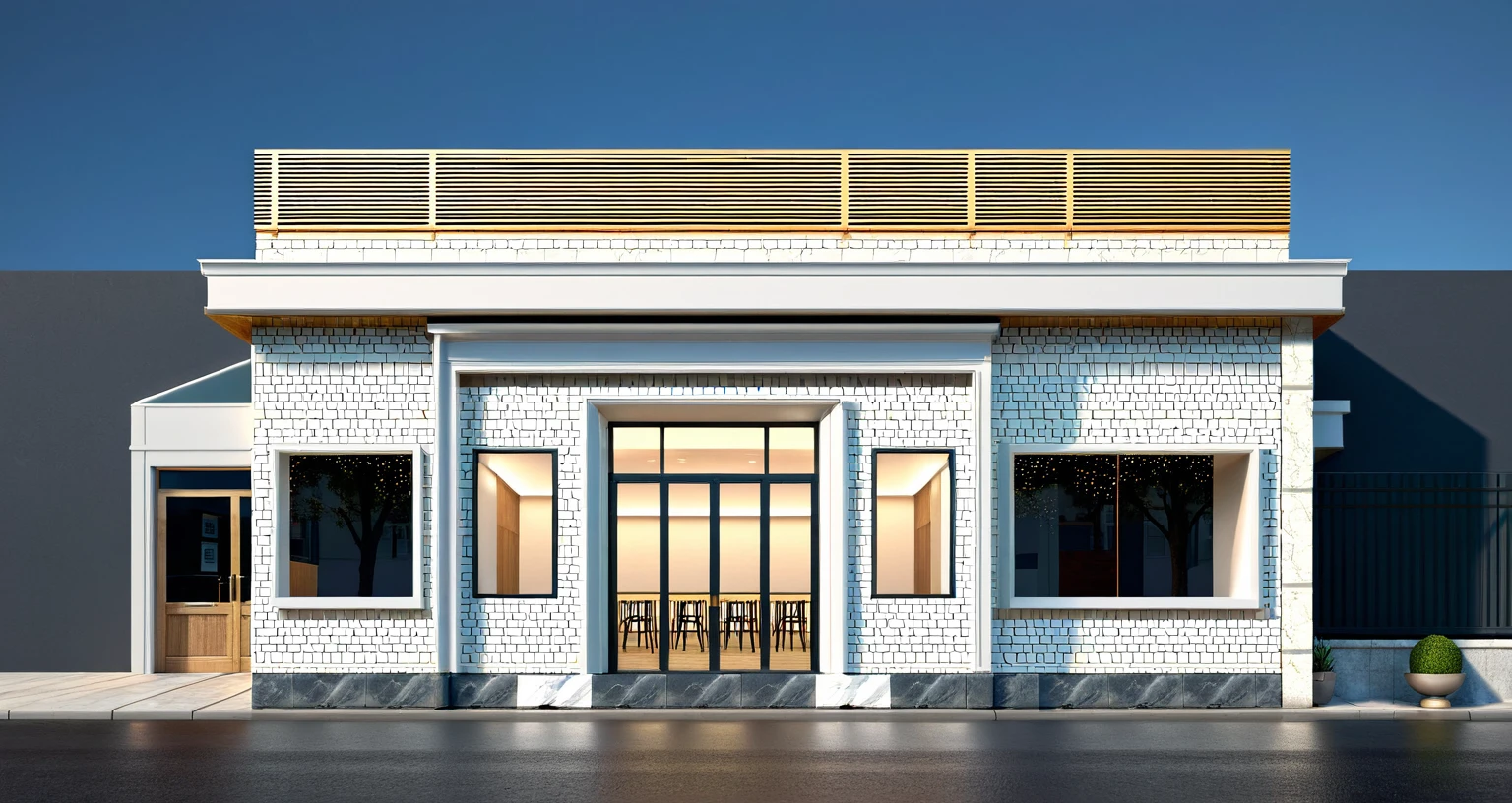 a drawing of a small building with a balcony and a door, building facing, storefront, wide establishing shot, street elevation, frontview, front - facing perspective, orthographic front view, wide angle exterior 2022, freddy mamani silvestre facade, orthographic 3d rendering, symmetrical front view, shop front, front facing