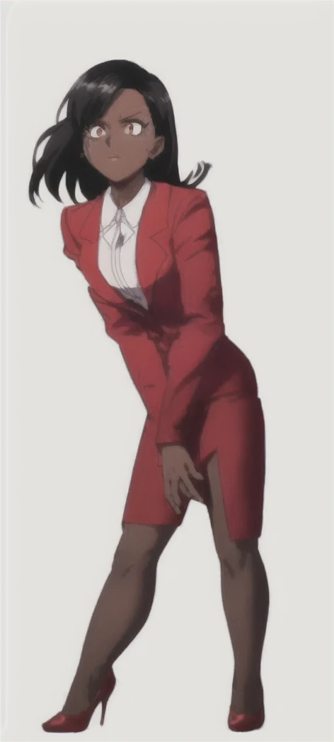Tall adult Dark skinned business women in a red blazer skirt suit with a blouse underneath ceo full bodied