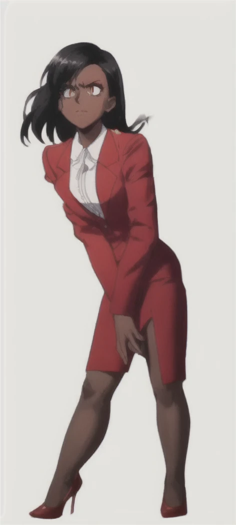 Tall adult Dark skinned business women in a red blazer skirt suit with a blouse underneath ceo full bodied
