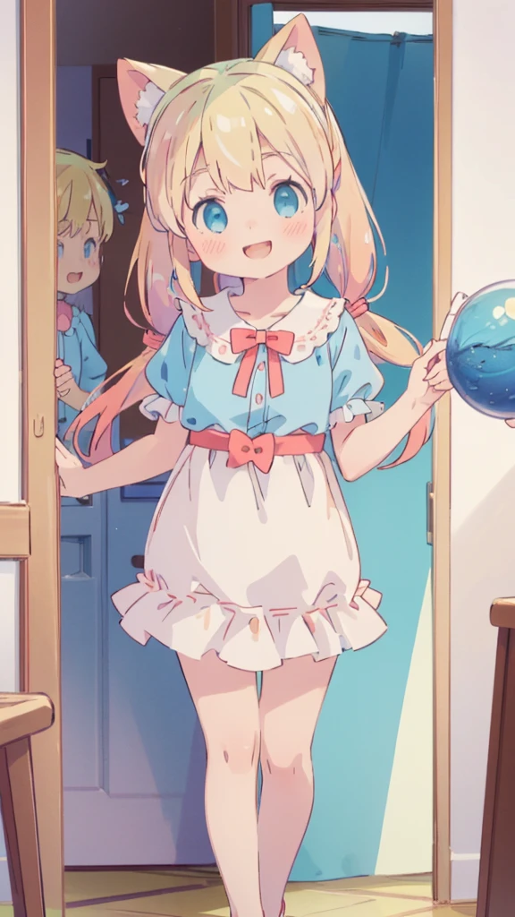 ((masterpiece))((Highest quality))girl、smile、blush、Flat Chest、Are thin、Blonde Hair、blush、Are standing、Whole body image、Eye level to the feet、front、No background、真frontのアングル、Blue clothes、Two-tone red and blue hair、Twin tails、Red Alice outfit