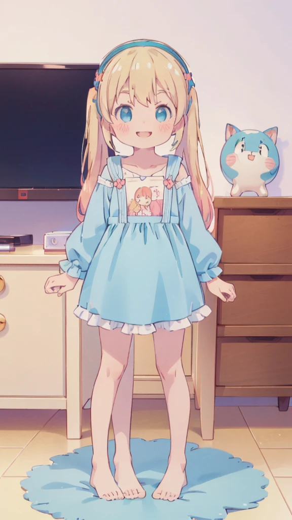 ((masterpiece))((Highest quality))girl、smile、blush、Flat Chest、Are thin、Blonde Hair、blush、Are standing、Whole body image、Eye level to the feet、front、No background、真frontのアングル、Blue clothes、Two-tone red and blue hair、Twin tails、Red Alice outfit