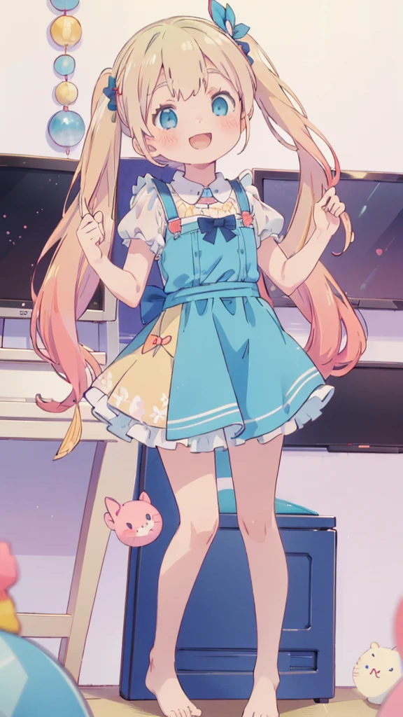 ((masterpiece))((Highest quality))girl、smile、blush、Flat Chest、Are thin、Blonde Hair、blush、Are standing、Whole body image、Eye level to the feet、front、No background、真frontのアングル、Blue clothes、Two-tone red and blue hair、Twin tails、Red Alice outfit