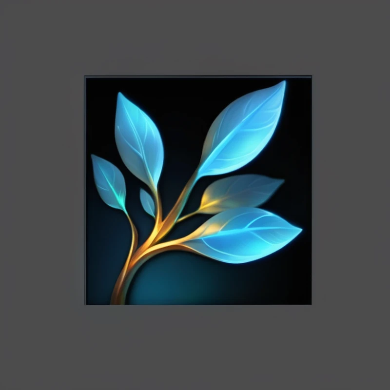 Close up of a leaf on a black background，Background is blue background, ( ( Fantasy Plants ) ), Wise ( Evaluate ), Artifact dota2, League of Legends Inventory Items, Glowing plants, Blessing of Winterthorn, bioGlowing plants, Leaves and magic, Stylized art, Game assets for plants and trees, A ray of friendship