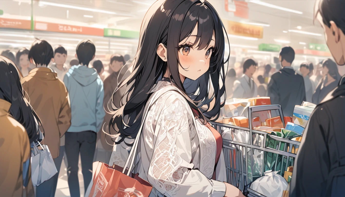Girl wearing lace micro shopping in a crowded supermarket