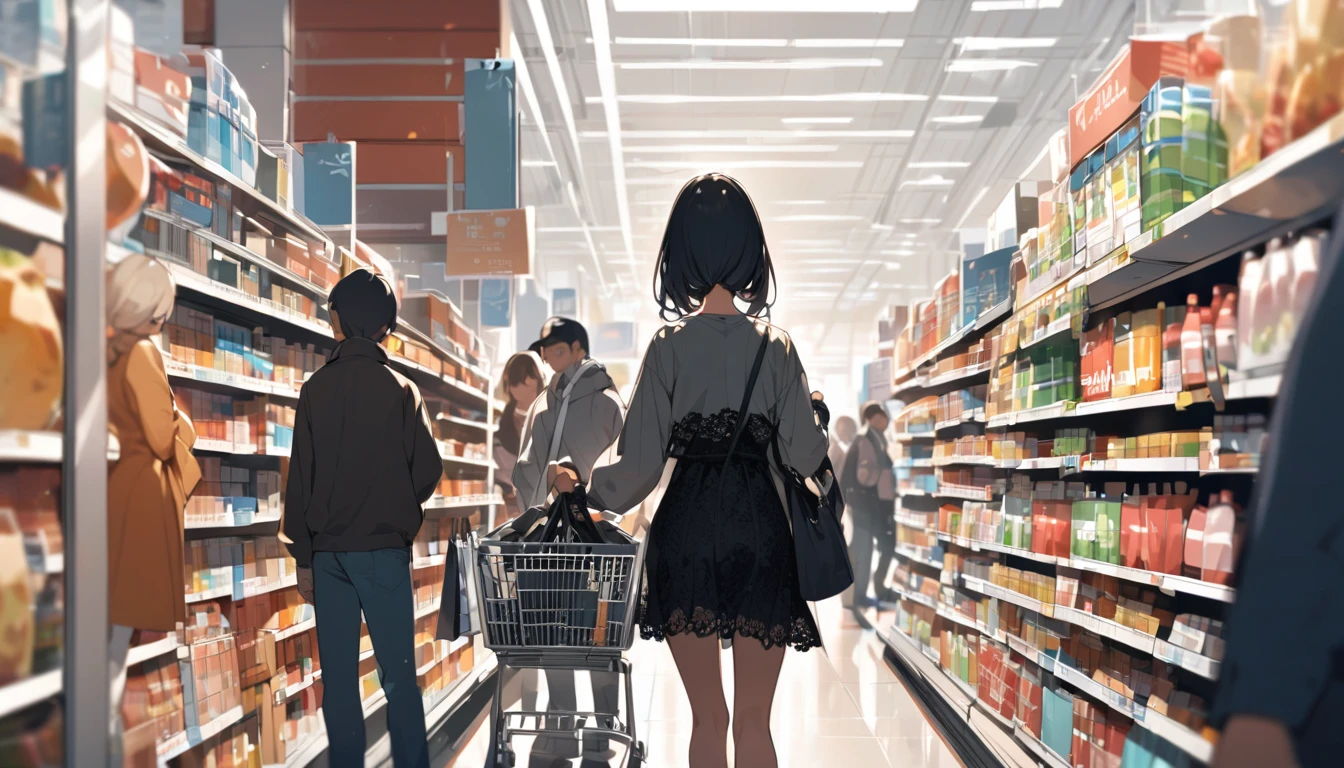 Girl wearing lace micro shopping in a crowded supermarket
