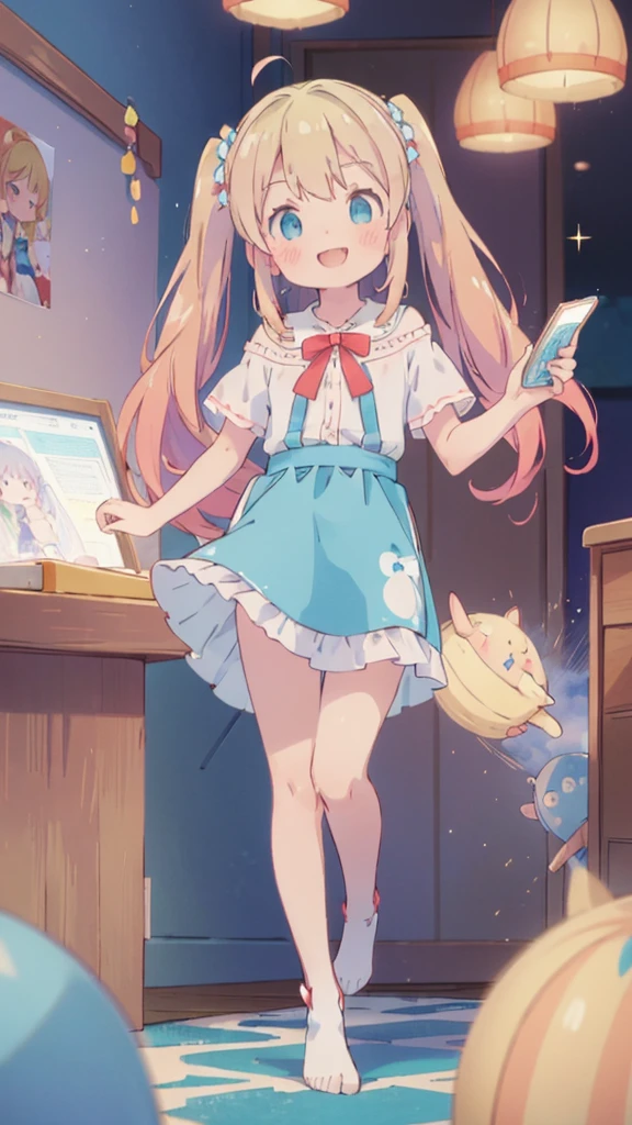 ((masterpiece))((Highest quality))girl、Smirk、blush、Flat Chest、Are thin、Blonde Hair、blush、Are standing、Whole body image、Eye level to the feet、、No background、Blue clothes、Hair is two colors、Twin tails、Red Alice outfit、Look back