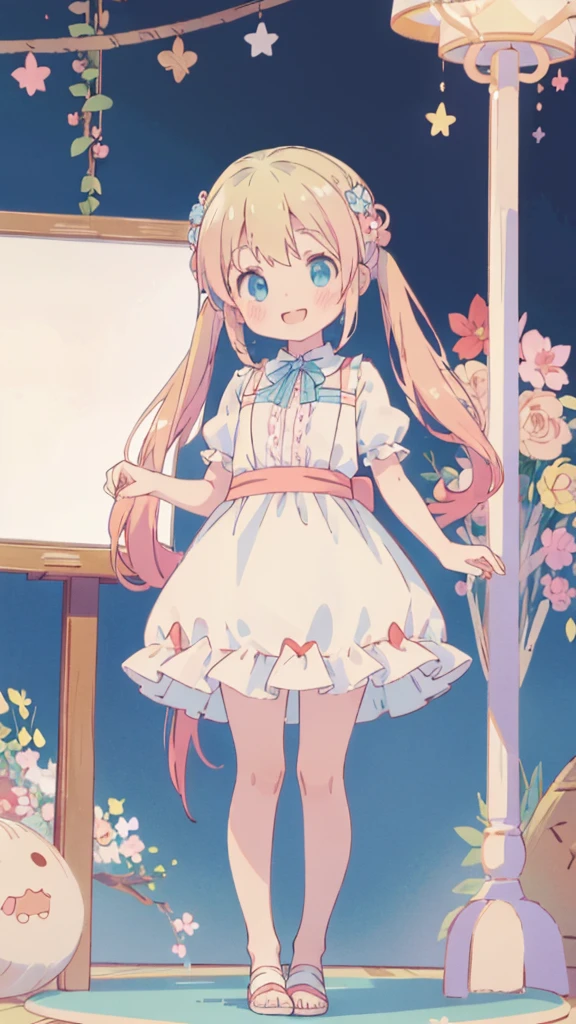 ((masterpiece))((Highest quality))girl、smile、blush、Flat Chest、Are thin、Blonde Hair、blush、Are standing、Whole body image、Eye level to the feet、front、No background、真frontのアングル、Blue clothes、Two-tone red and blue hair、Twin tails、Red Alice outfit