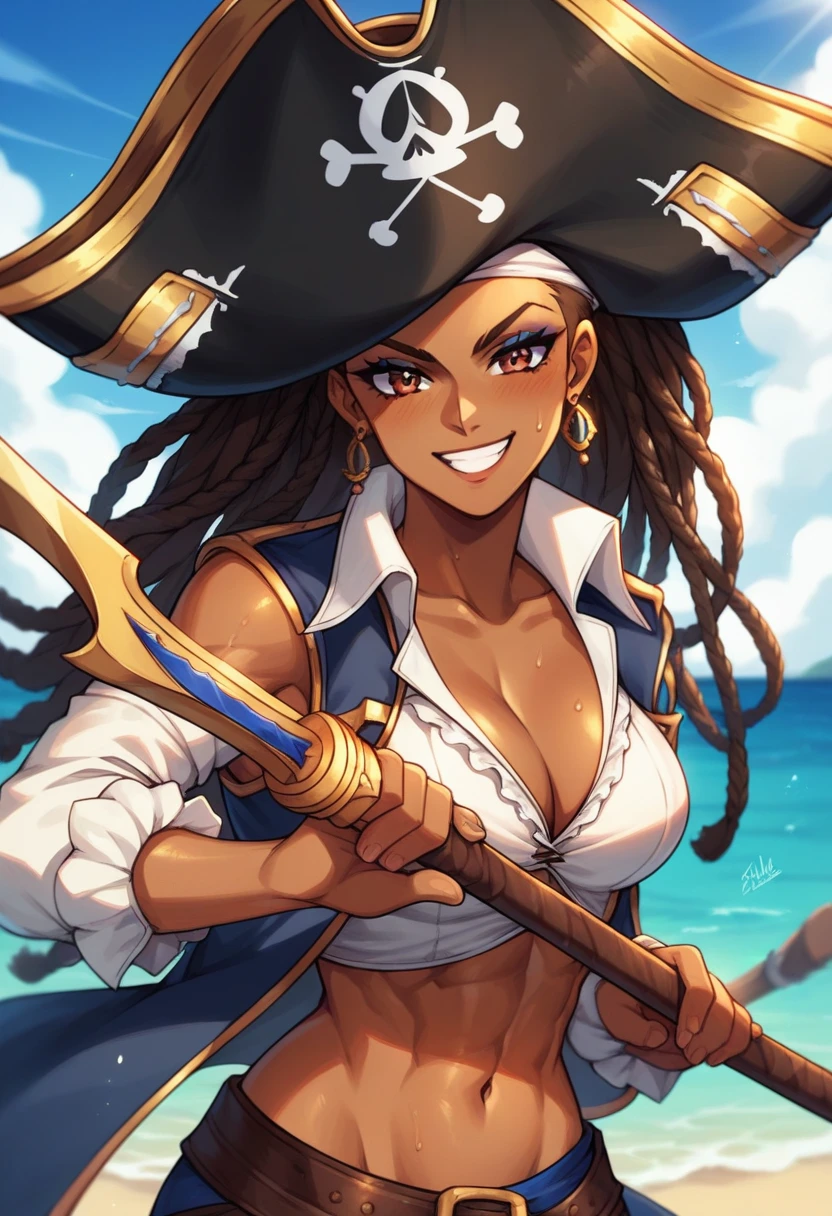 (masterpiece), best quality, expressive eyes, perfect face, perfect eyes, perfect hair, perfect body, perfect hands, perfect fingers, high detail, best detail, pirate, cavalier pirate hat, pirate leathers, holding sword, , cocky smile, confident, dominant, powerful, pirate raid, raiding ship, fighting, dark skin, beautiful brown skin, beautiful dreadlocks, Adult Female, sweat, toned body, alone, brown hair, brown eyes, 