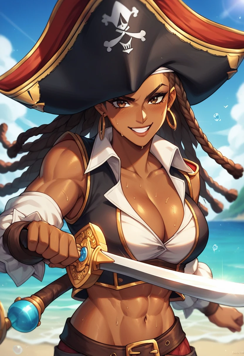 (masterpiece), best quality, expressive eyes, perfect face, perfect eyes, perfect hair, perfect body, perfect hands, perfect fingers, high detail, best detail, pirate, cavalier pirate hat, pirate leathers, holding sword, , cocky smile, confident, dominant, powerful, pirate raid, raiding ship, fighting, dark skin, beautiful brown skin, beautiful dreadlocks, Adult Female, sweat, toned body, alone, brown hair, brown eyes,