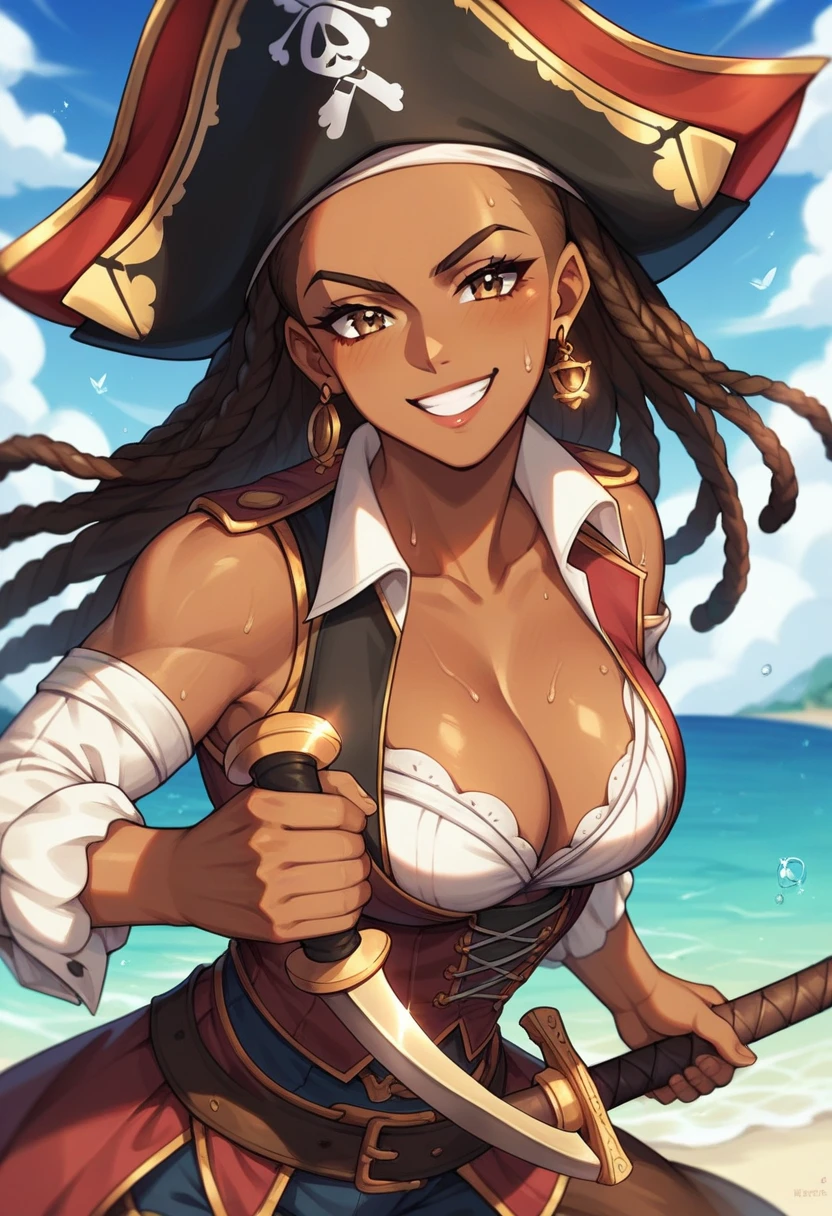 (masterpiece), best quality, expressive eyes, perfect face, perfect eyes, perfect hair, perfect body, perfect hands, perfect fingers, high detail, best detail, pirate, cavalier pirate hat, pirate leathers, holding sword, , cocky smile, confident, dominant, powerful, pirate raid, raiding ship, fighting, dark skin, beautiful brown skin, beautiful dreadlocks, Adult Female, sweat, toned body, alone, brown hair, brown eyes, 