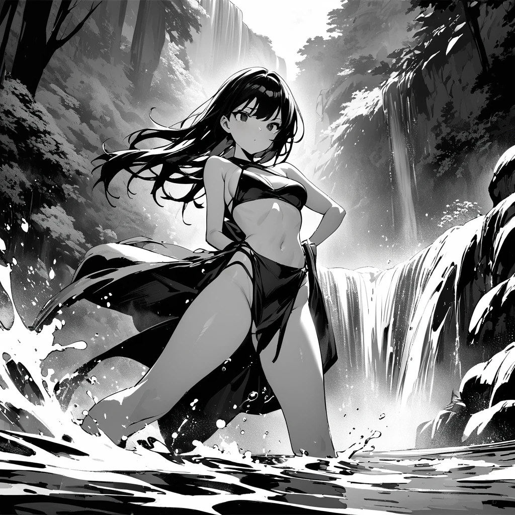 （best qualtiy、Extremely fine、CG synthetic 8k wallpaper with extreme detail：1.5），The black-haired mermaid descends on the rushing water，180 cm high，A flame is being sprayed，Behind is a dreamy peach blossom，The Blood Moon is about to rise。