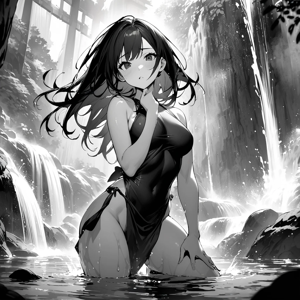 Top quality, masterpiece, monochrome, woman, long black hair, black eyes, long exposed and loincloth style swimsuit, beautiful Japanese waterfall, water splash