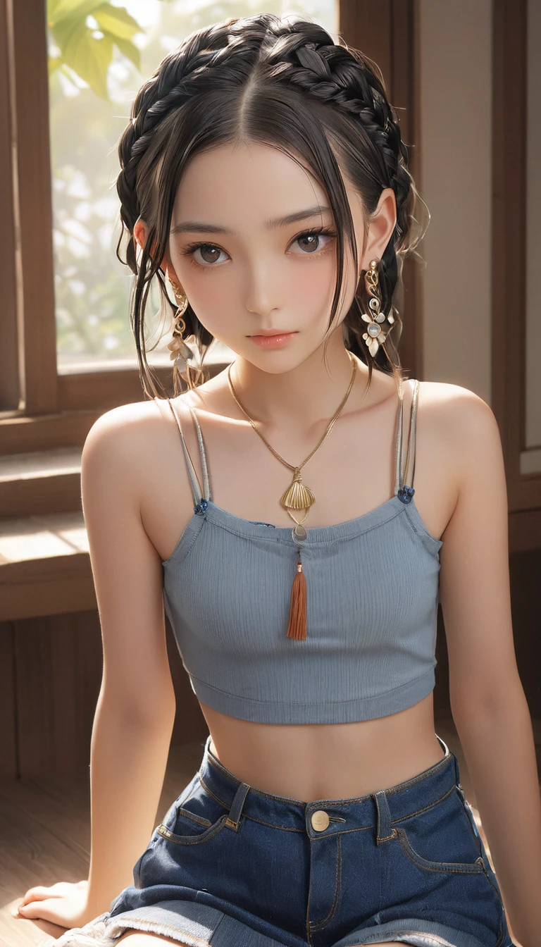 (masterpiece, Highest quality:1.2), One girl, alone,bony body、15 years old、cornrow cut、Earrings
