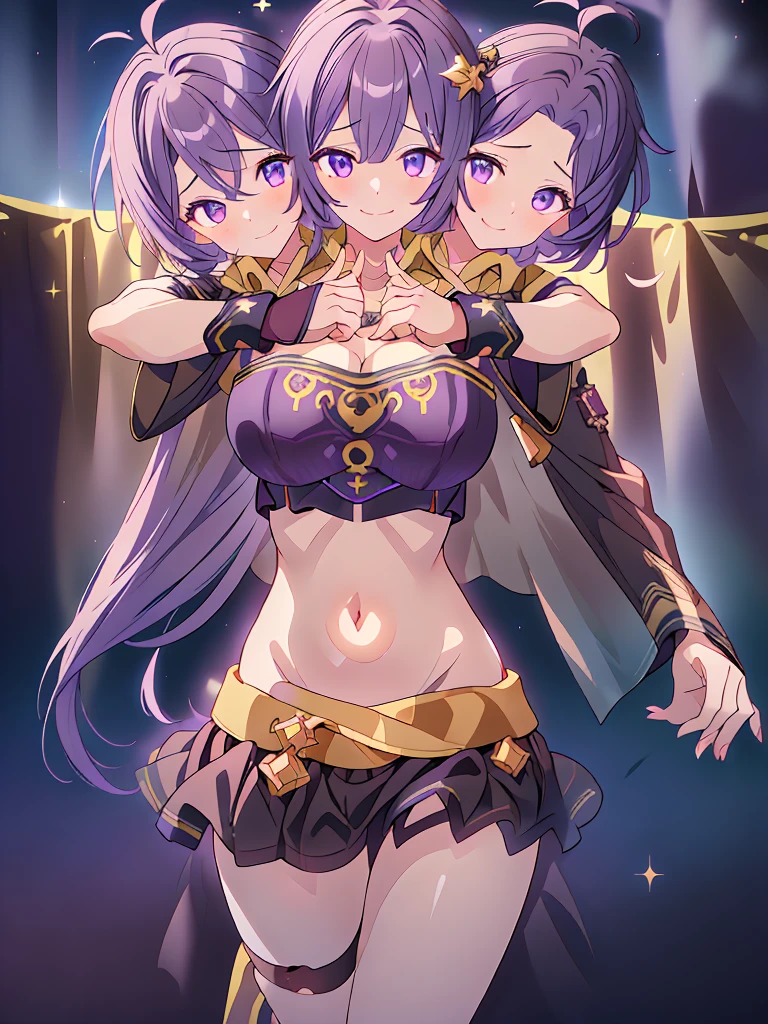 (masterpiece, best quality), best resolution, (3heads:1.5), 1girl, dark violet hair, fingerless gloves, smiling, soft smile, open belly, black-gold-purple crop top, black miniskirt, open breasts, humongous tits, huge tits, sexy pose, hair length until shoulders, headband, night sky background, nighttime, stars, starry sky, alluring presence, beautiful eyes, detailed eyes, purple eyes, 
