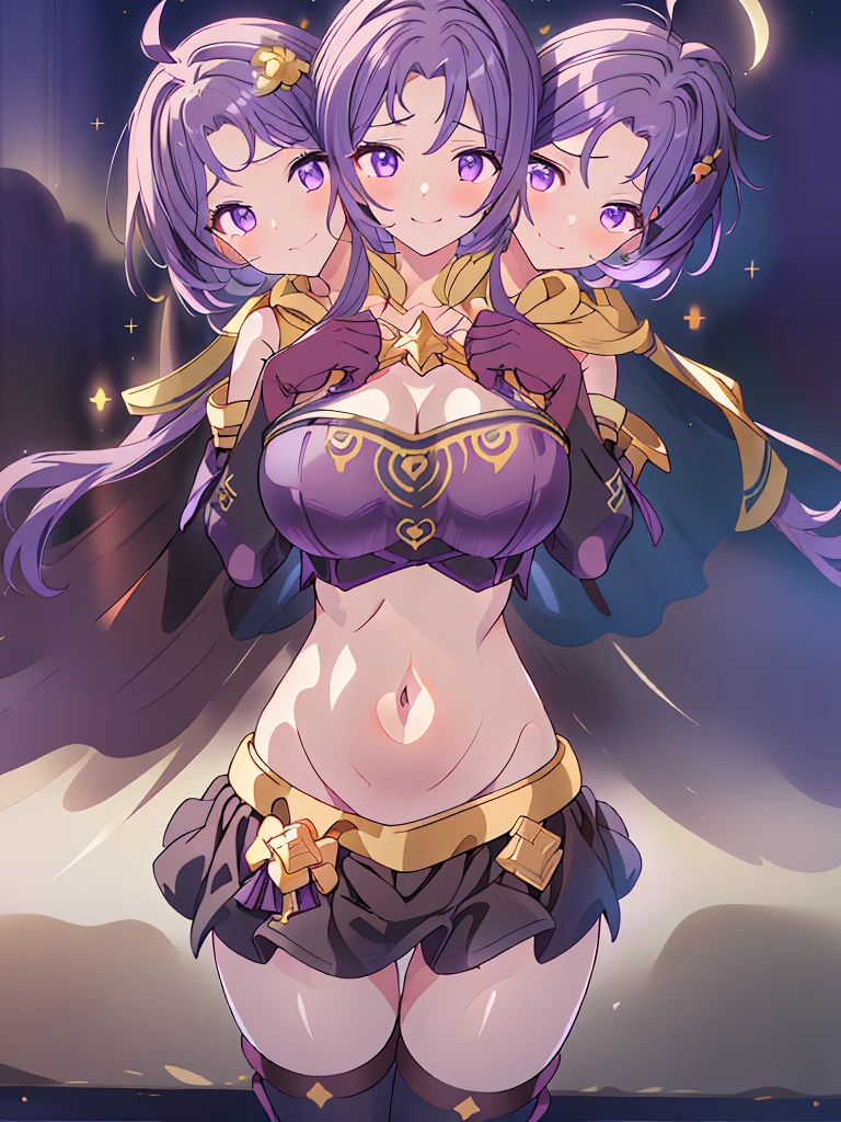 (masterpiece, best quality), best resolution, (3heads:1.5), 1girl, dark violet hair, fingerless gloves, smiling, soft smile, open belly, black-gold-purple crop top, black miniskirt, open breasts, humongous tits, huge tits, sexy pose, hair length until shoulders, headband, night sky background, nighttime, stars, starry sky, alluring presence, beautiful eyes, detailed eyes, purple eyes, 
