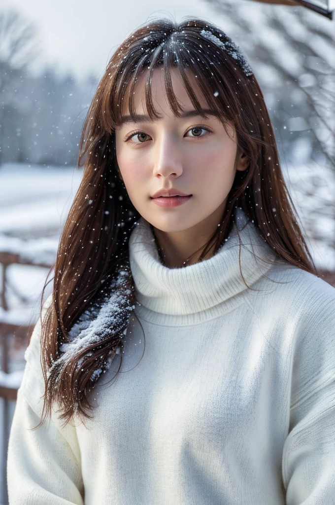 (masterpiece:1.35),(best-quality:1.4),8k,ultra-detailed,photography,(ultra-realistic:1.4), adult girl, long hair, sweater, snowing background,