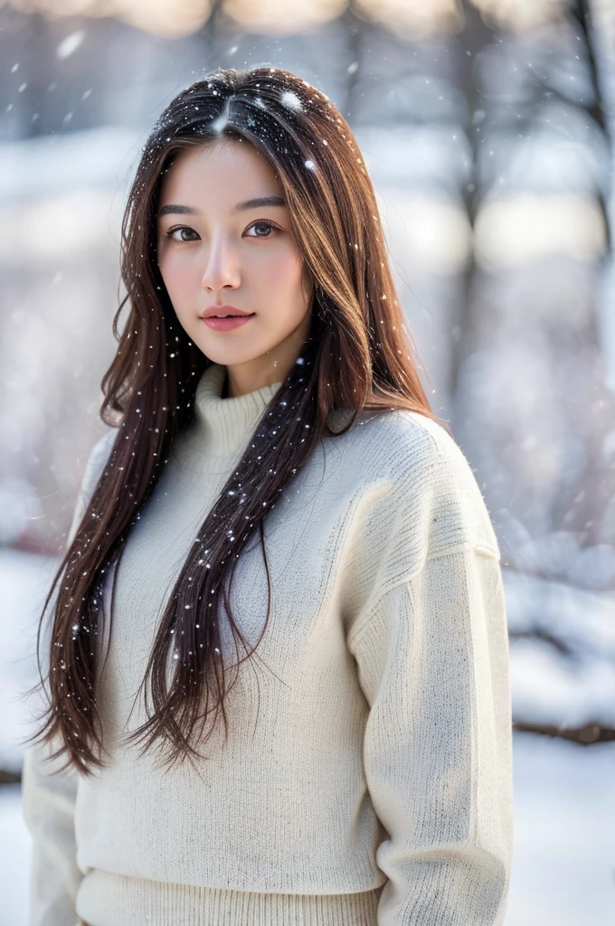 (masterpiece:1.35),(best-quality:1.4),8k,ultra-detailed,photography,(ultra-realistic:1.4), adult girl, long hair, sweater, snowing background,