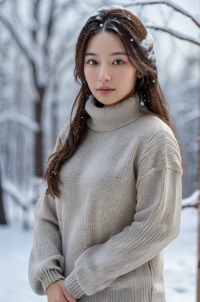 (masterpiece:1.35),(best-quality:1.4),8k,ultra-detailed,photography,(ultra-realistic:1.4), adult girl, long hair, sweater, snowing background,