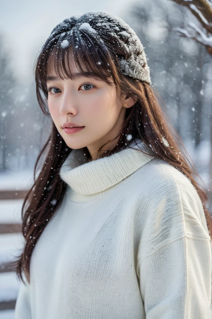 (masterpiece:1.35),(best-quality:1.4),8k,ultra-detailed,photography,(ultra-realistic:1.4), adult girl, long hair, sweater, snowing background,