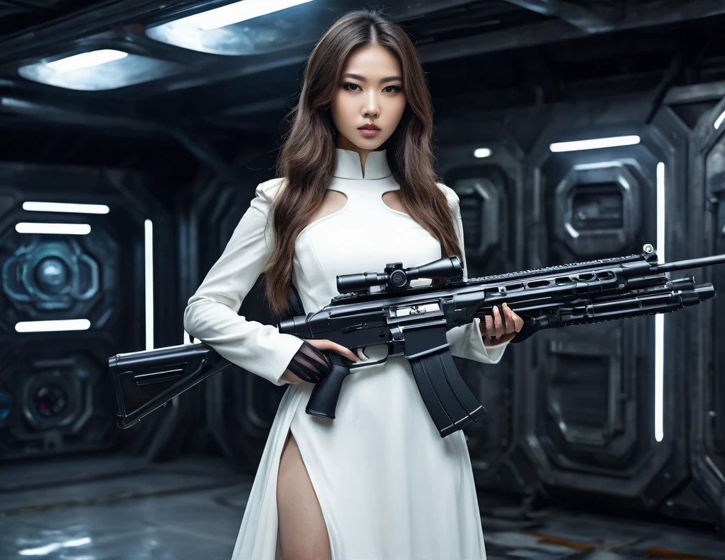 RAW Photograph, (((Best picture))) (((Ultra realistic))) (((Masterpiece:1.5))) Beautiful european asian mix girl shooting a futuristic rifle, height 176cm, brown long hair, beautiful features, perfect body ratio, detail beautiful face, detail beautiful skin, detail rifle, state of the art weapon, intricate, highly detailed, changing magazines, (((Beautiful white sexy revealing open side gothic long gown:1.3))), ((Military boots)), ready to shoot, futuristic military base, Leica 50mm, photorealistic, natural lighting, (professional photography:1.0), best composition, UHD, 64k, Royo, Giger 