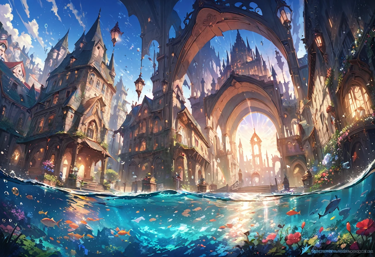 color (Fantasy: 1.2), (hayao miyazaki style), (Irregular Building Floating in the Sea), Patchwork Cottage, Floral decoration, Light, Concept art inspired by Andreas Rocha, Artstation Contest Winner, Fantasy art, (an underwater city), Ross Tran, Light shaft, Realistic lighting, masterpiece, high quality, Beautiful graphics, Attention to detail, masterpiece, high quality, Beautiful graphics, Attention to detail,